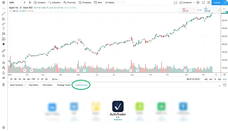 Entra en TradingView.<br />
<br />
En la página de gráfico completo, pulse la pestaña "Panel de Operaciones" en la parte inferior de la página. Seleccione "ActivTrades" de la lista.
